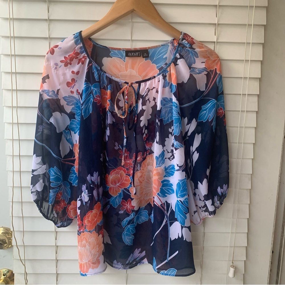 a.n.a Floral Multicolor Print Petite Blue Sheer 3/4 Sleeve Top -Size LP